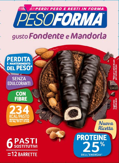 Pesoforma Barrette Cioccolato Fondente e Cuore di Mandorla, Pasto sostitutivo per il controllo del peso, Barrette proteiche, Barrette per restare in forma, Solo 234 calorie, 12x31g