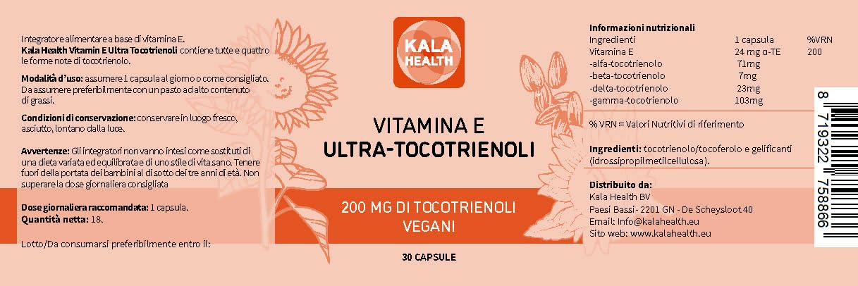 Kala Health Ultra Tocotrienol 200mg Vitamina E Vegana - Tutti e 4 i Tocotrienoli - Alfa Tocotrienolo + Beta Tocotrienolo + Gamma Tocotrienolo + Delta Tocotrienolo - Senza Tocoferoli (30)