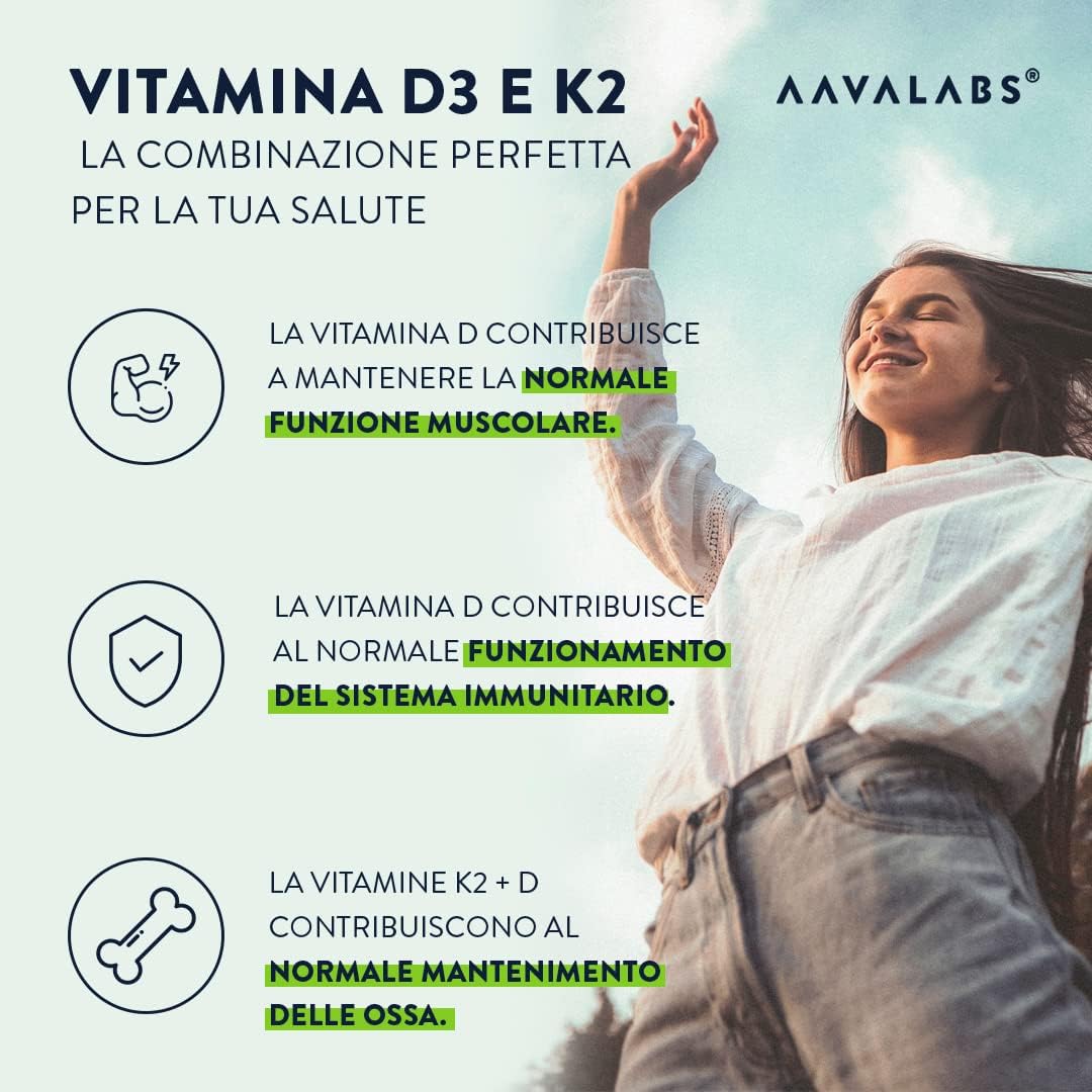 Vitamina D3 K2 Alto Assorbimento Olio Extraverg.d'Oliva - Vitamina D3 2000 UI + Vitamina K2 MK7 100 μg - Vitamina D 2000 UI e Vitamina K - 180 Capsule