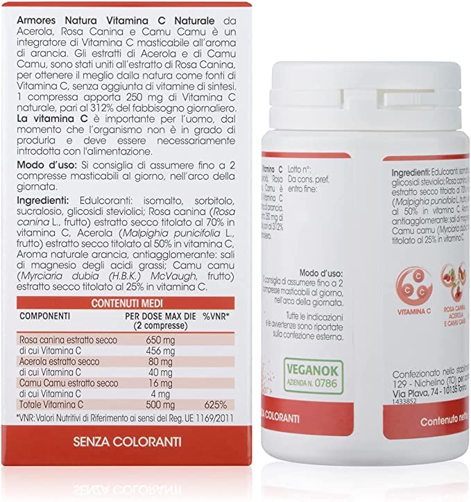 Armores Natura Integratori Alimentari, Vitamina C Naturale, Integratore a Base di Vitamina C da Acerola, Rosa Canina e Camu Camu, Aroma naturale Arancia, Vegano, 60 Compresse Masticabili