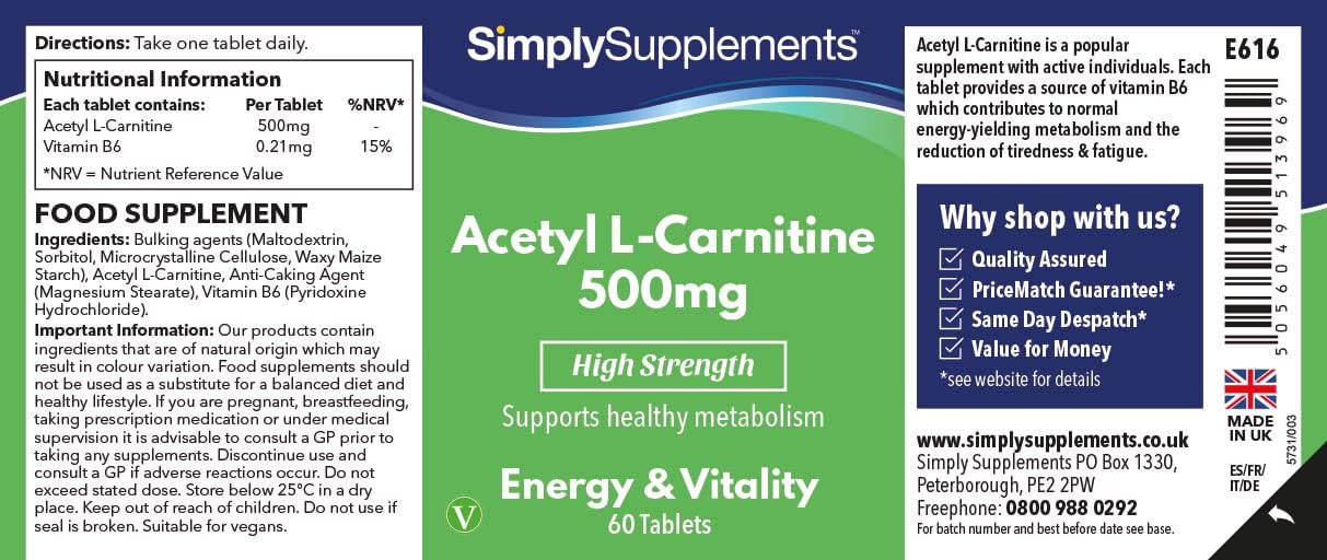 Acetil L-Carnitina 500 mg - 60 Compresse - Adatto ai vegani - 2 mesi di durata - SimplySupplements