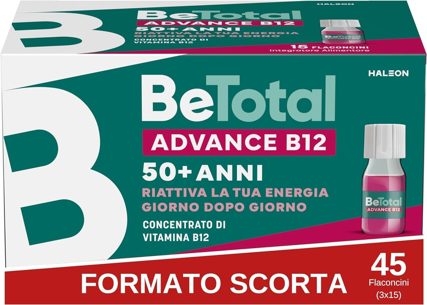 Be-Total Advance B12 Integratore Alimentare Con Vitamina B12, per fornire un sostegno in caso di stanchezza fisica e mentale dopo i 50 anni, Adulti 50+ Anni, 3 x 15 Flaconcini