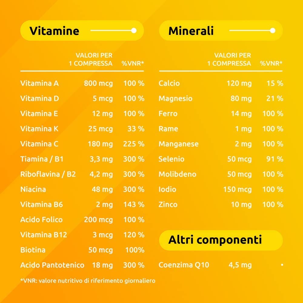 Supradyn Ricarica Multivitaminico Completo Vitamine e Minerali per Adulti, Integratore Vitamine A, B, C, D3, E, K, Magnesio, Calcio, Zinco, Selenio e Q10, Gusto Arancia 60 Compresse Effervescenti