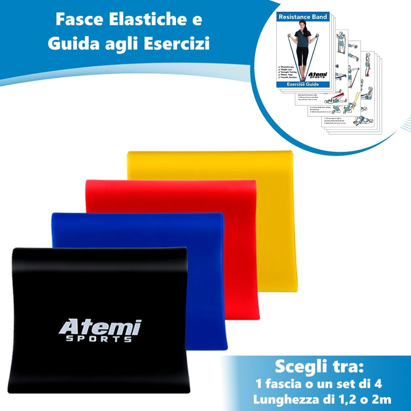 Banda Elastica [Singola o Set di 4 Fasce] | 1,2m/2m Elastici Fitness per Fisioterapia ed Esercizio | Bande di Resistenza | Bande Elastiche per Yoga e Pilates