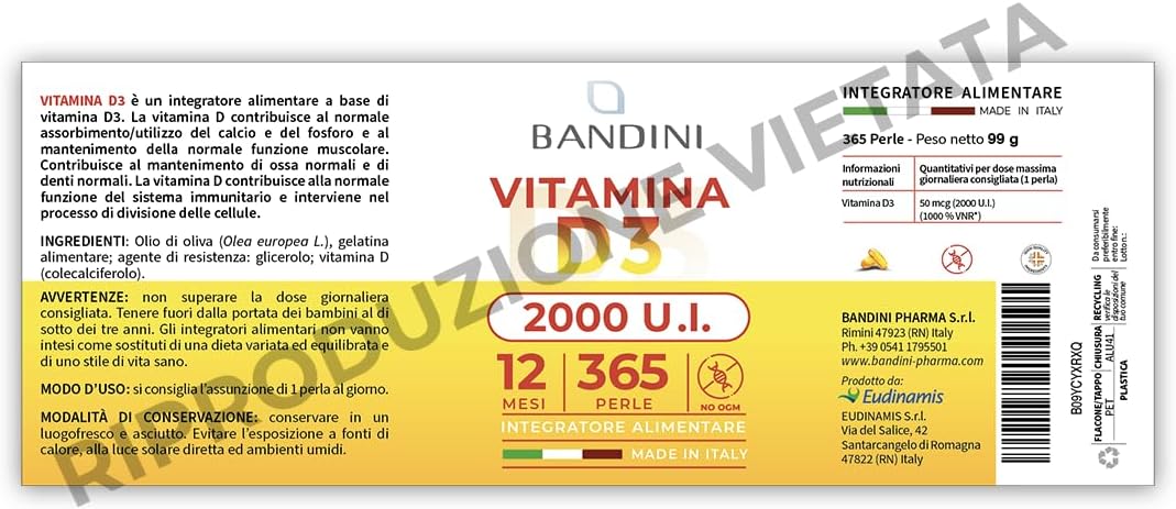 Bandini® Vitamina D3 2000 UI 365 Softgel | Alto Dosaggio 50μg | Vitamine D Colecalciferolo (Vit D) | IN OLIO D'OLIVA EXTRAVERGINE per Assorbimento Ottimale | Ossa, Denti, Muscoli, Sistema immunitario