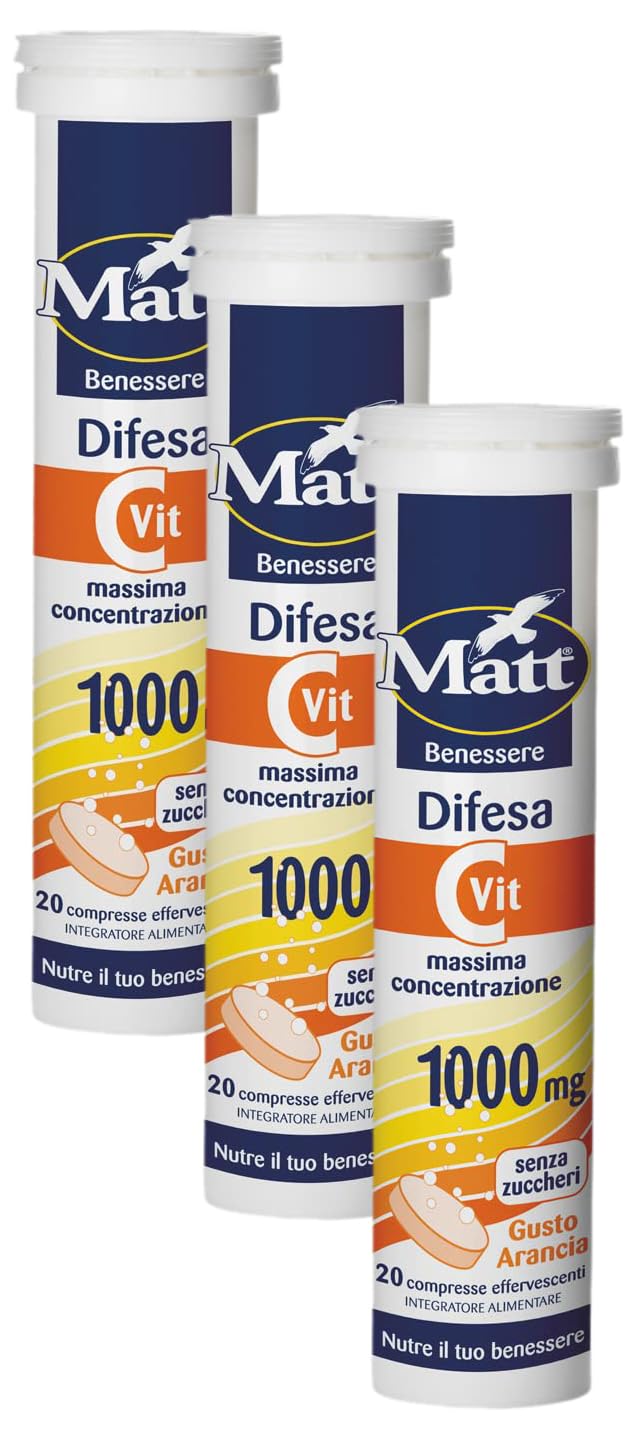 Matt, Vitamina C Difesa, Integratore Alimentare Utile per la Riduzione di Stanchezza, Contribuisce alla Normale Funzione del Sistema Immunitario, Confezione da 20 Compresse, Gusto Arancia, 90 g