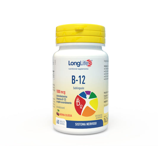 LongLife® B12 1000 mcg | Vitamina B12 | Formula esclusiva sublinguale ad alto dosaggio | Elevato assorbimento | 2 mesi di trattamento | 60 tavolette | Senza glutine