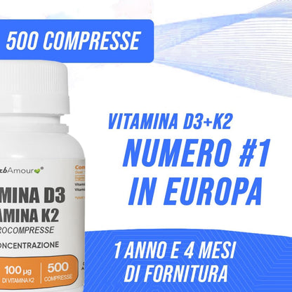 VITAMINA D3 K2 (Dura 1 anno e 4 mesi) 500 Micro-Compresse Alto Dosaggio e Assorbimento I Vitamina D3 Da 50 µg Da 2.000 U.I. + Vitamina K2 Da 100 µg | Senza Glutine, Lattosio, Zuccheri e Soia