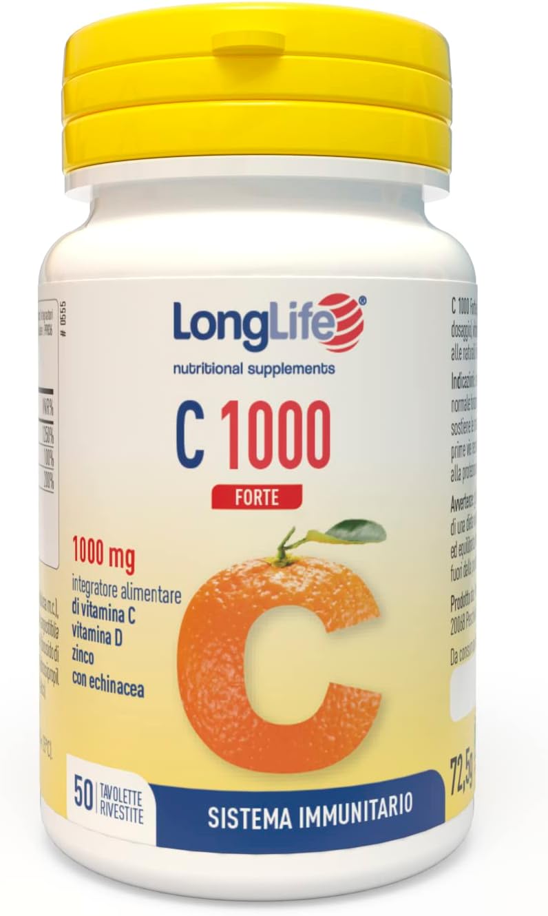 LongLife® C 1000 Forte | Vitamina C 1000mg | Con zinco, vitamina D ed echinacea | Difese immunitarie | 50 giorni di trattamento | Senza glutine e vegetariano