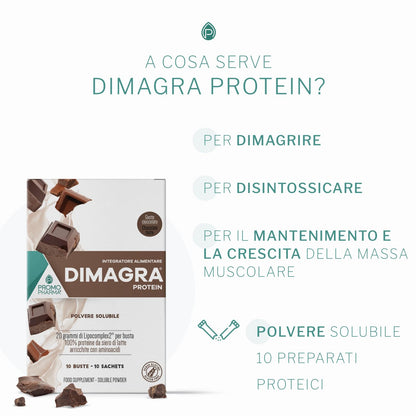 Dimagra Protein - Integratore Alimentare con proteine da siero del latte - Per dimagrire, disintossicare, per il mantenimento e la crescita della massa muscolare - Gusto cioccolato, 10 buste da 22 g