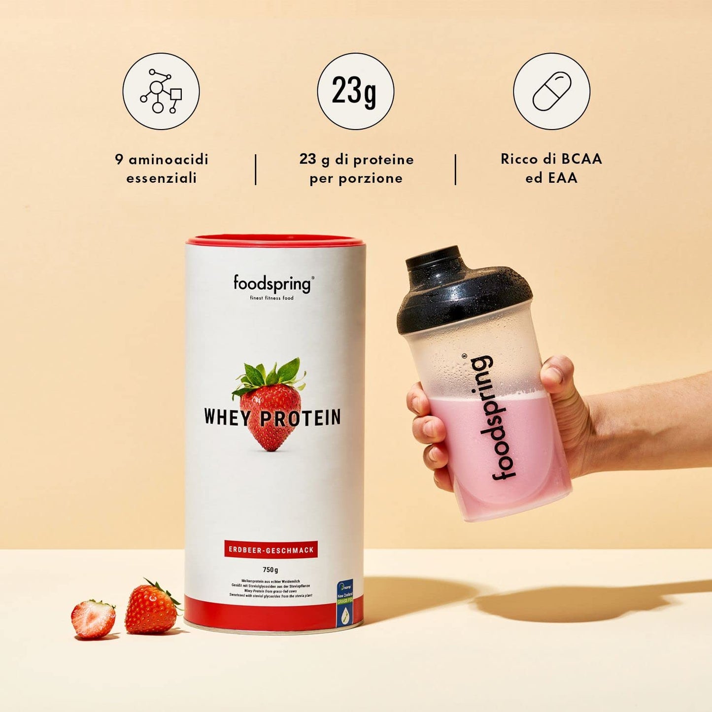 foodspring - Proteine Whey in polvere Cioccolato - Con 21 g di proteine per l'aumento muscolare, perfetta solubilità, ultra-filtrate & ricche di BCAA ed EAA - gusto pieno e delizioso (750 g)