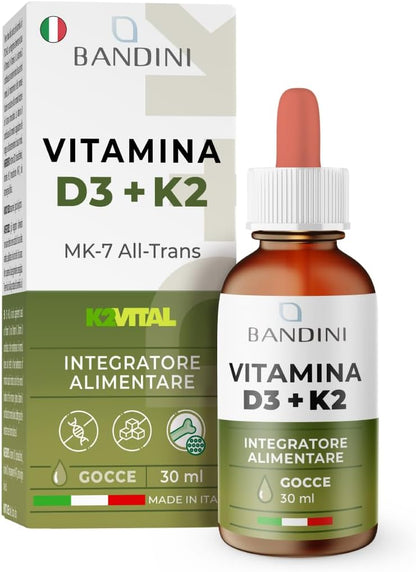 Bandini® Vitamina D3 K2 Gocce, in Olio Extra Vergine di Oliva EVO, Colecalciferolo 1000 UI per Goccia + Vit K2 MK-7 Menachinone Kappa 99,7% 100 mcg per Goccia, con pratico Contagocce