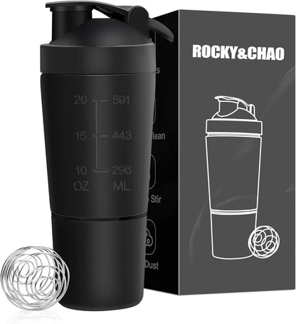 ROCKY&CHAO Shaker per Proteine Bottiglia in Acciaio Inossidabile Bottiglia di proteine Coppa Sport 700 ml + 200 ml（Acciaio inossidabile）