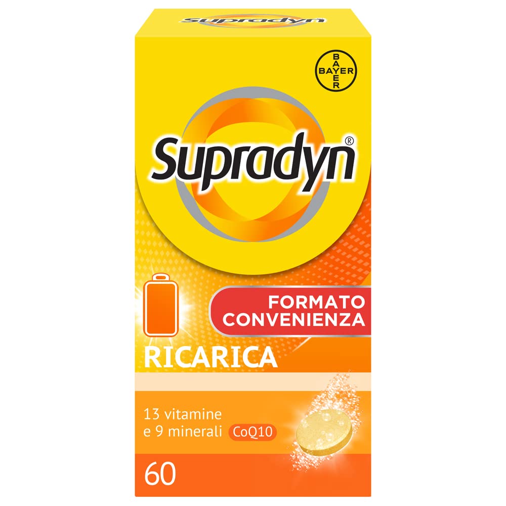 Supradyn Ricarica Multivitaminico Completo Vitamine e Minerali per Adulti, Integratore Vitamine A, B, C, D3, E, K, Magnesio, Calcio, Zinco, Selenio e Q10, Gusto Arancia 60 Compresse Effervescenti