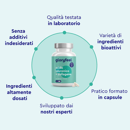 Collagene e Acido Ialuronico Integratore 180 Capsule, + Vitamina C, Biotina, Zinco e Selenio, 1000mg Collagene Idrolizzato + 200mg Acido Ialuronico con Bambù & Silicio