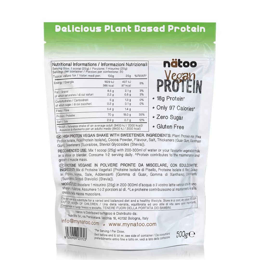 NÄTOO Proteine in Polvere Vegane - 500g Gusto Choco Nut senza Zucchero - Proteine in Polvere Isolate Vegetali provenienti dal Pisello e dal Riso - 18 grammi per Porzione - Proteine senza lattosio