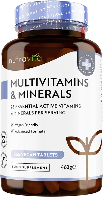 Multivitaminico e Minerali - 365 Compresse Vegane (Fornitura di 1 anno) - Multivitaminico Completo con 26 Vitamine e Minerali Essenziali - Integratore Multivitaminico Uomo e Donne - Nutravita