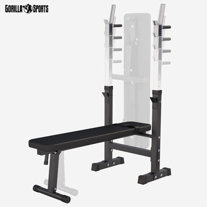 GORILLA SPORTS® Panca Pesi - con Porta Bilanciere, Regolabile e Pieghevole, Carico Max. 200kg, in Altezza, Nera/Bianca - Panca Piatta, Palestra, per Sollevamento, Multifunzione, Allenamento, Fitness