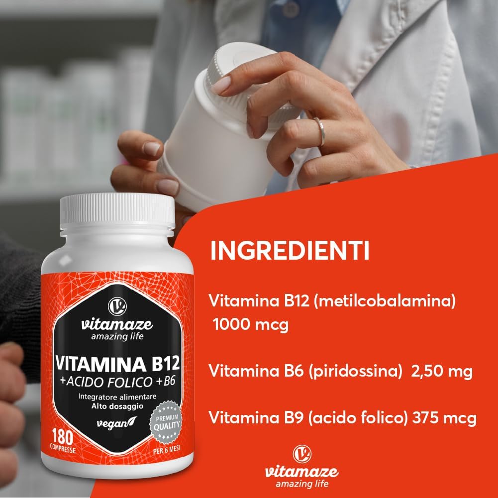 Vitamina B12 1000 mcg + 375 mcg Acido Folico + Vitamina B6 ad alto Dosaggio (6 mesi di trattamento) 180 Compresse Vegan, Qualità Tedesca. Vitamaze®