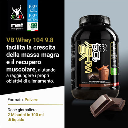 NET Integratori VB WHEY 104 9.8 Optipep - 900g Cioccolato - Proteine Isolate Idrolizzate per via Enzimatica Con EAA e BCAA - Massimizza Sintesi Proteica, Crescita e Mantenimento Muscolare