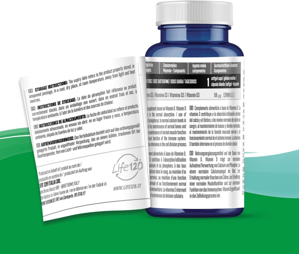 Life 120 - Vitalife D - Integratore alimentare di Vitamina D 2000 UI per softgel, 100 Softgel ad Alto Dosaggio, fondamentale per Ossa, Denti, Muscoli e Sistema Immunitario, 3 Confezioni da 100 Softgel