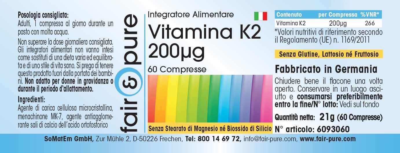 Fair & Pure® - Vitamina K2 200µg - Menaquinone MK7 - Vegan - 60 Compresse