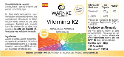 Vitamina K2 MK7 100 mcg (Menachinone naturale MK-7) - 100 capsule pure | Warnke Vitalstoffe - Qualità da farmacia tedesca