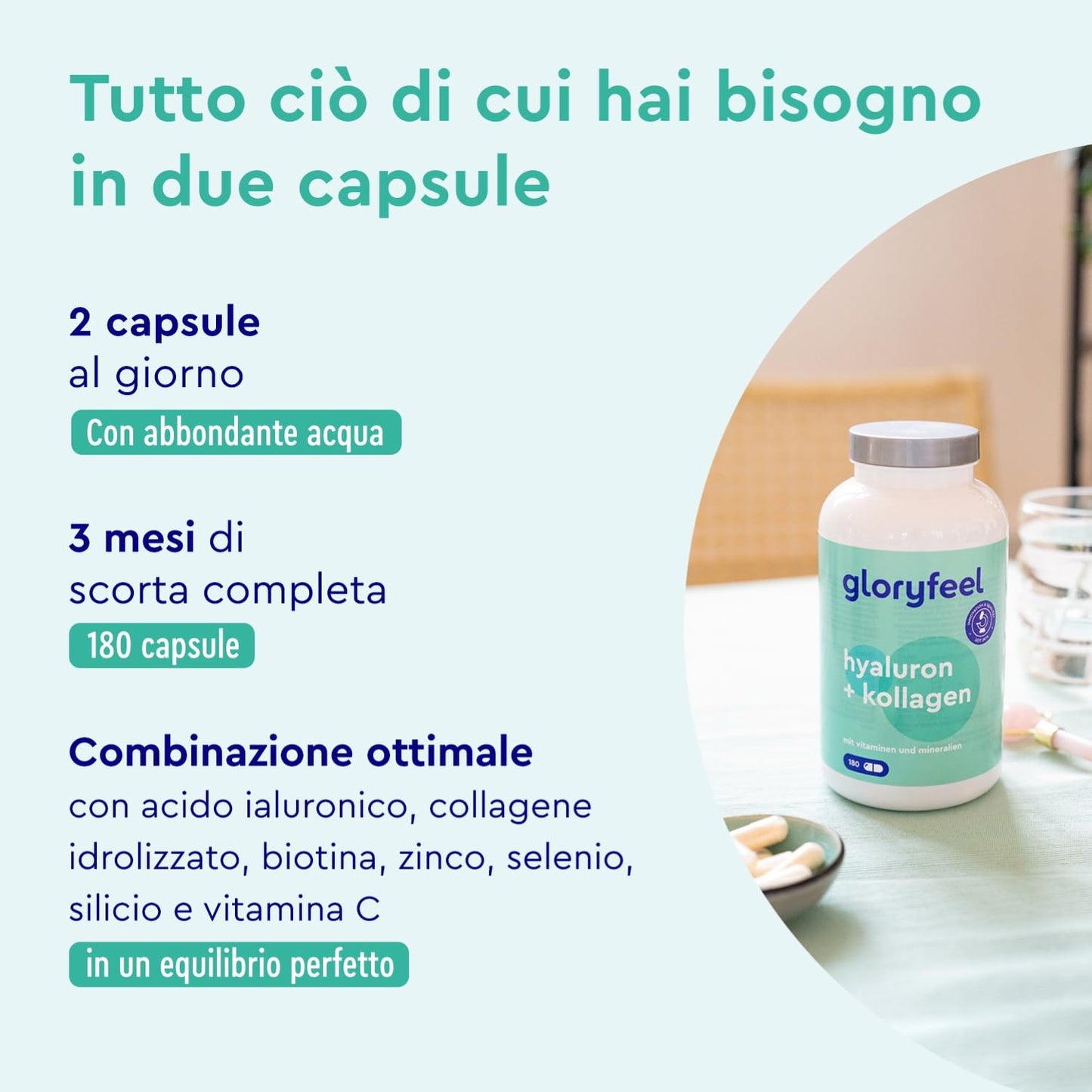 Collagene e Acido Ialuronico Integratore 180 Capsule, + Vitamina C, Biotina, Zinco e Selenio, 1000mg Collagene Idrolizzato + 200mg Acido Ialuronico con Bambù & Silicio