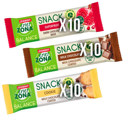 Enervit, Enerzona Protein Snack 40-30-30 Variety Pack 10pz Caramello + 10pz Crunchy Choco+ 10pz Cookies, Barrette Proteiche per Dieta a Zona con Proteine del Latte e Fibre, Senza Olio di Palma