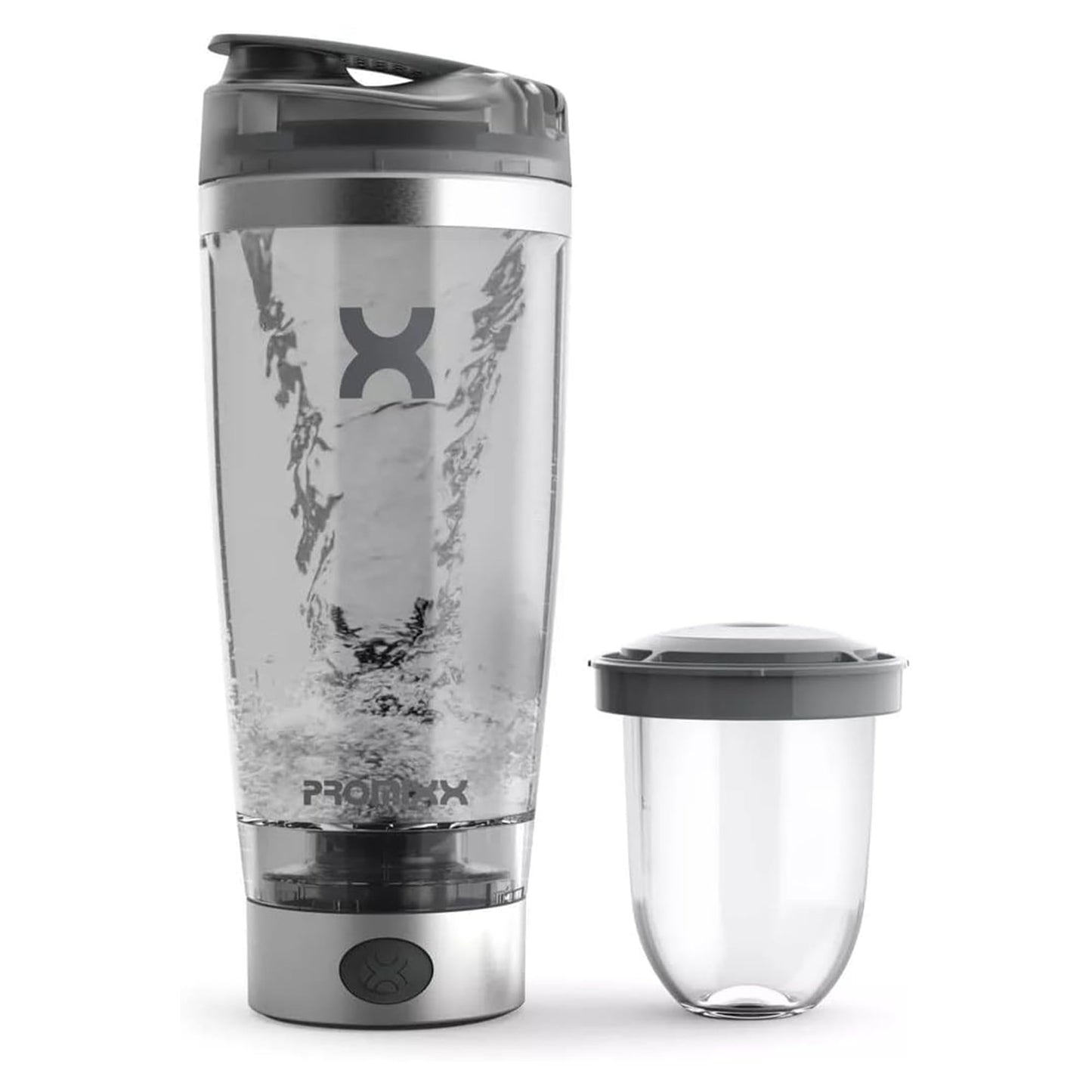 Promixx Pro Shaker Bottle - Ricaricabile, Potente per Frullati Proteici Lisci - Includere Deposito di Proteine - senza BPA - Tazza da 600 ml (Grafite/Arancia)