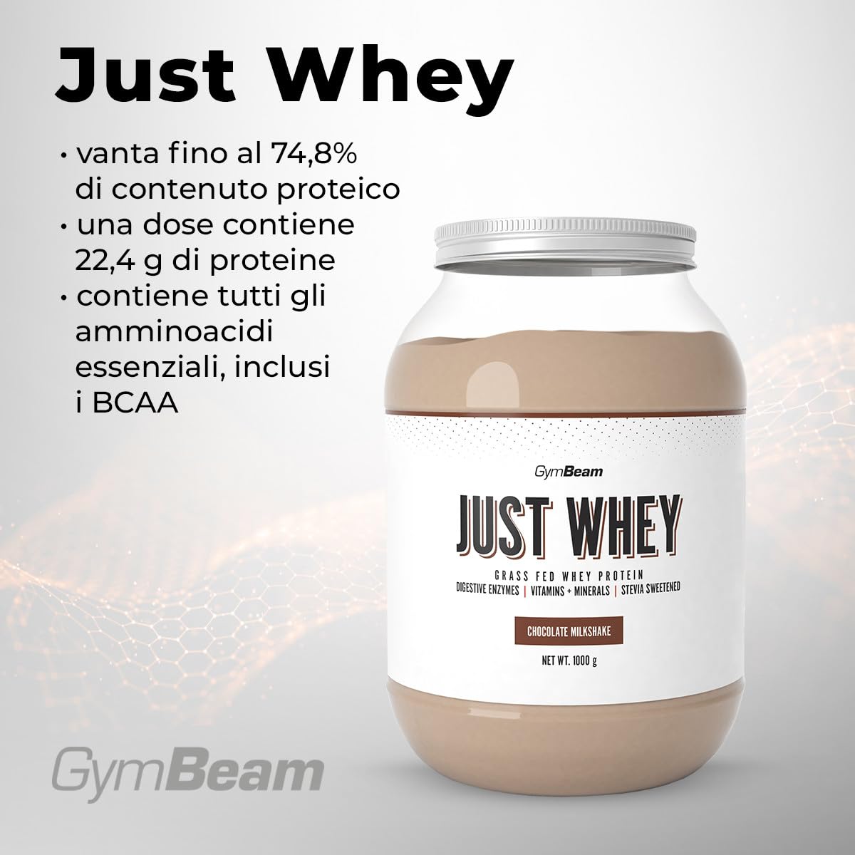 GymBeam Just Whey, Proteine in Polvere Multicomponente da Siero di Latte, Concentrato e Idrolizzato, 22,4g Proteine per Dose, con BCAA e Amminoacidi Essenziali (1000 g, Chocolate Milkshake)