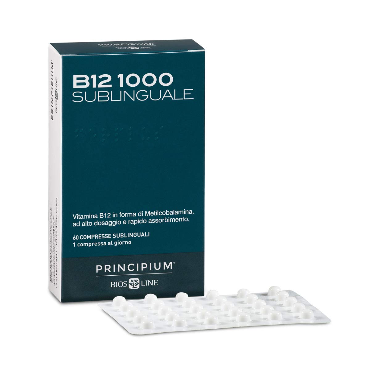 BIOS LINE Principium B12 1000 Sublinguale, Vitamina b12 in forma attiva contro stanchezza e affaticamento, Integratore sistema immunitario, Integratore vitamina b12 vegano, 60 compresse