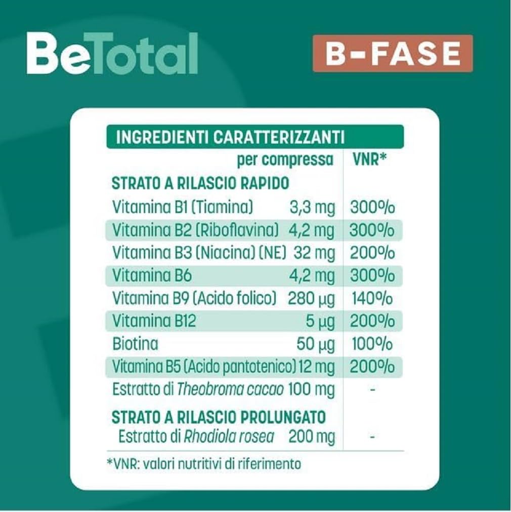 Be-Total B-Fase Integratore Alimentare con Biotina, Vitamina B, Rodiola Rosea e Teobroma Cacao per un sostegno Rapido e Prolungato alla tua Energia, 20 compresse doppio strato