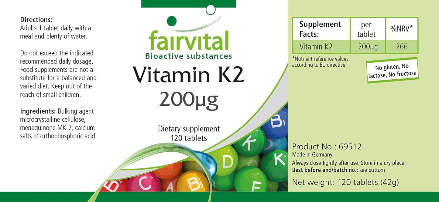 Fairvital | Vitamina K2 200mcg - 4 mesi - VEGAN - alto dosaggio - 120 compresse - menachinone da natto - MK-7