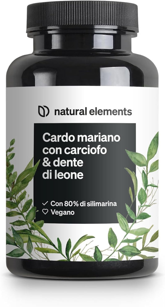 Complesso di cardo mariano, carciofo e dente di leone – 120 capsule – natural elements – Alto dosaggio con 80% di silimarina – Senza stearato di magnesio, vegano