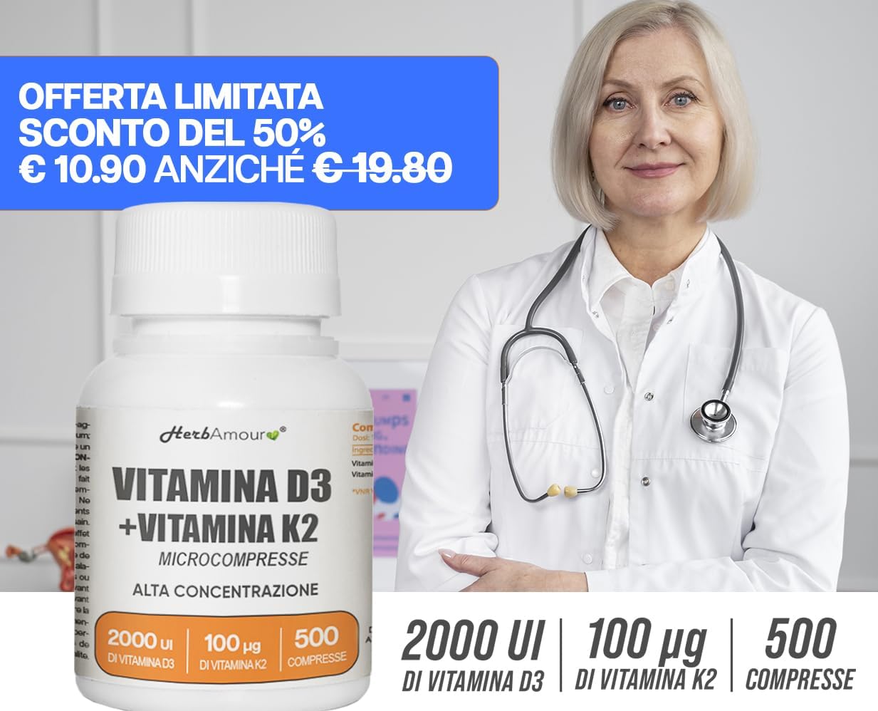 VITAMINA D3 K2 (Dura 1 anno e 4 mesi) 500 Micro-Compresse Alto Dosaggio e Assorbimento I Vitamina D3 Da 50 µg Da 2.000 U.I. + Vitamina K2 Da 100 µg | Senza Glutine, Lattosio, Zuccheri e Soia