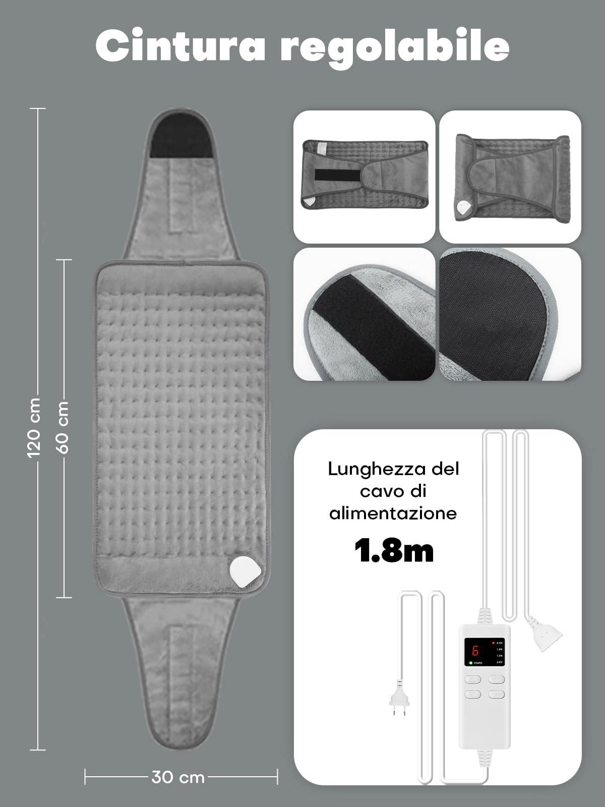 Termoforo Elettrico Termoforo Lombare con 6 Livelli di Temperatura e 4 Impostazioni di Tempo, Spegnimento Automatico per Schiena, Collo, Spalle, Addome 120 x 30cm Grigio