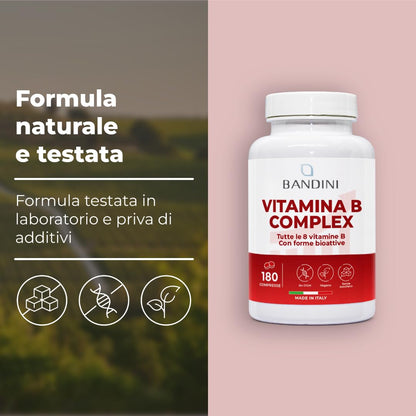 Bandini® Vitamina B Complex Alto Dosaggio - 180 Compresse vegane (6 Mesi) - Con forma bioattiva Quatrefolic® - Vitamine del Gruppo B con Acido Folico, Biotina, B1, B2, B3, B5, B6, B12 | Senza OGM