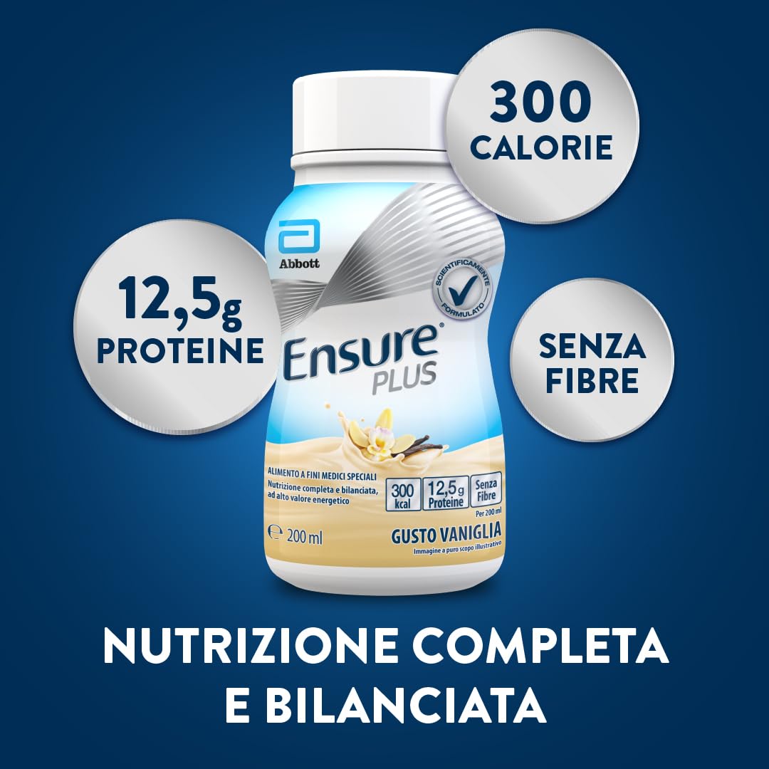 Ensure Plus Supplemento Nutrizionale Ipercalorico con Proteine, privo di Fibre |Formato bevanda| Alimento a fini medici speciali completo e bilanciato | Confezione 4x200ml Gusto Vaniglia