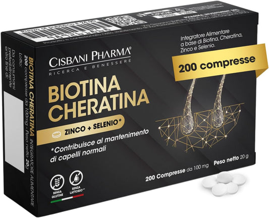 CISBANI PHARMA Biotina Cheratina - Integratore Capelli e Rinforzante Unghie, con Zinco e Selenio - 200 Compresse da 100 mg - Oltre 6 Mesi di Durata - Senza Glutine e Lattosio - Integratori per Capelli