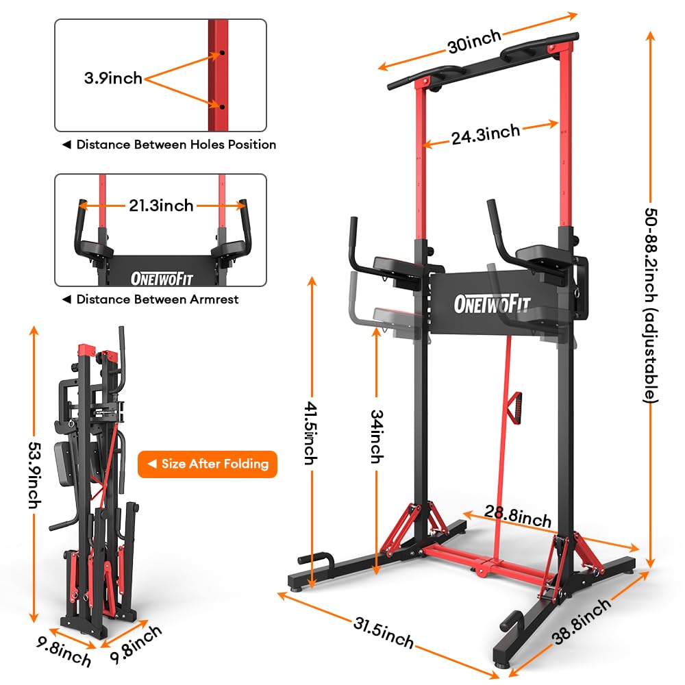 ONETWOFIT Power Tower pieghevole Dip Station Barra per trazioni, Regolabile in altezza Multifunzione stazione di potenza per la Palestra di casa Allenamento della Forza Attrezzatura per Il Fitness