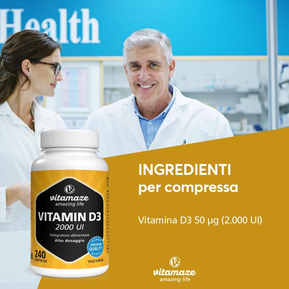 Vitamaze® Vitamina D3 240 compresse Alto dosaggio e vegetariana per più di 1 anno, 2000 UI, 50 mcg di colecalciferolo puro, integratore alimentare naturale senza additivi, Prodotto in Germania