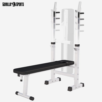 GORILLA SPORTS® Panca Pesi - con Porta Bilanciere, Regolabile e Pieghevole, Carico Max. 200kg, in Altezza, Nera/Bianca - Panca Piatta, Palestra, per Sollevamento, Multifunzione, Allenamento, Fitness