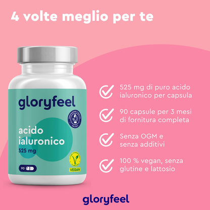 Acido Ialuronico Integratore, Puro 525mg ad Alto Dosaggio, per Pelle, Articolazioni e Ossa, con 500-700 kDa per Capsula, 90 Capsule Vegan per 3 Mesi di Cura