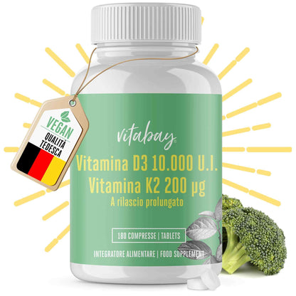 Vitabay Vitamina D3 10000 UI e Vitamina K2 200 mcg 180 compresse vegane - Rilascio prolungato e alto dosaggio - Vitamina K e Vitamina D3 Vegan All-Trans 99,99% - Vitamina D3 K2 Vitamina D Integratori