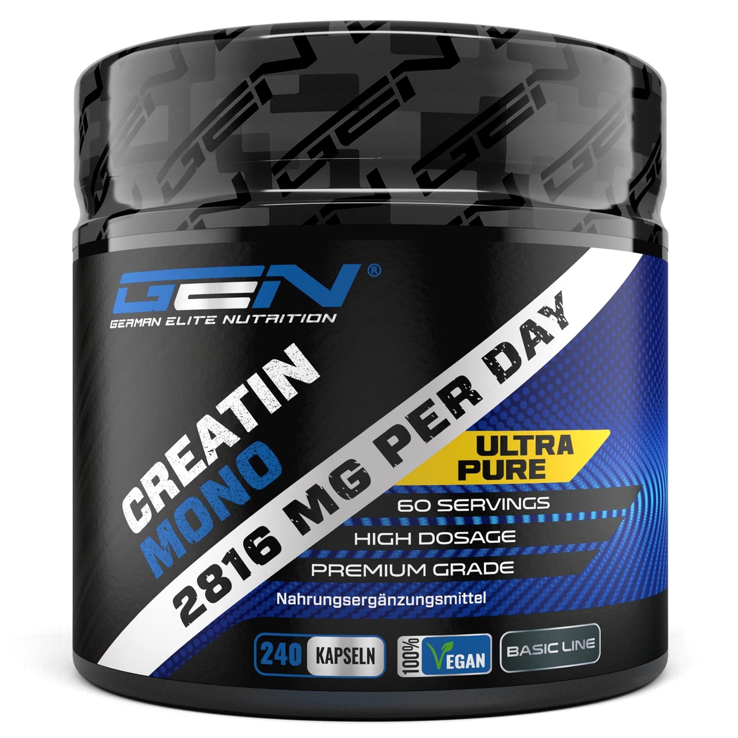 GEN GERMAN ELITE NUTRITION Creatina – 240 capsule vegane – ad alto dosaggio con 3200 mg di creatina monoidrato al giorno – Premium: ultra fine + fattore mesh di 200 – testato in laboratorio – vegano