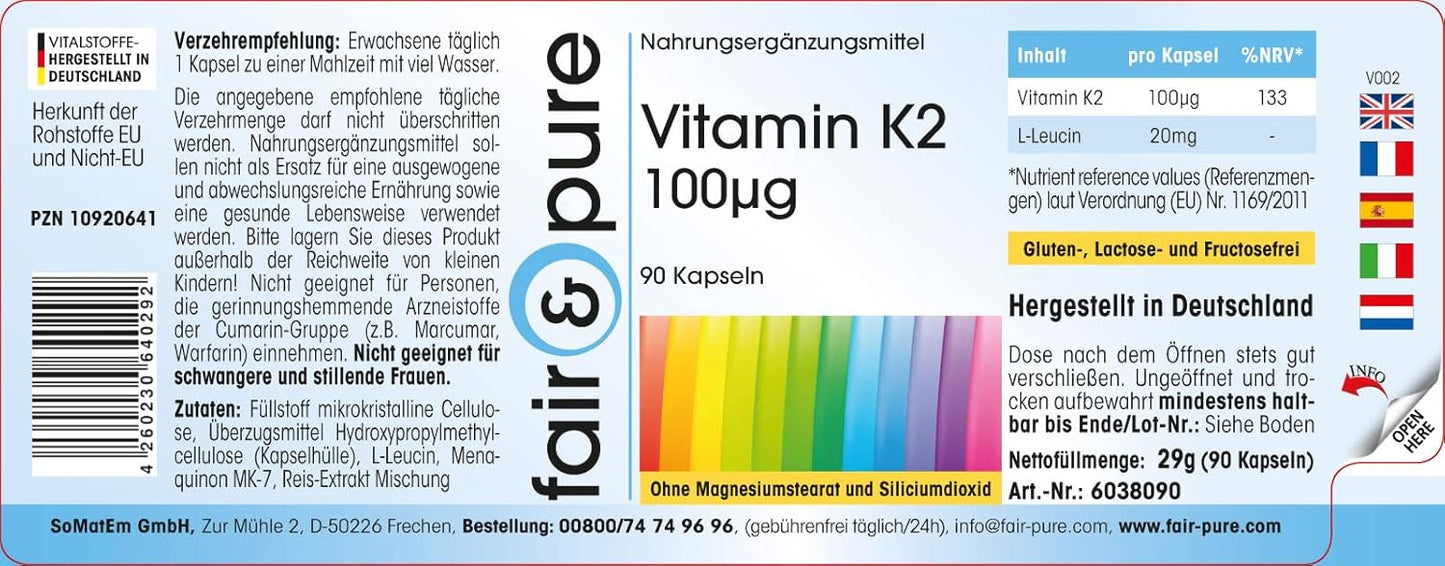 Fair & Pure® - Vitamina K2 100µg - Menaquinone MK7 Naturale - Da Natto - Vegan - 90 Capsule