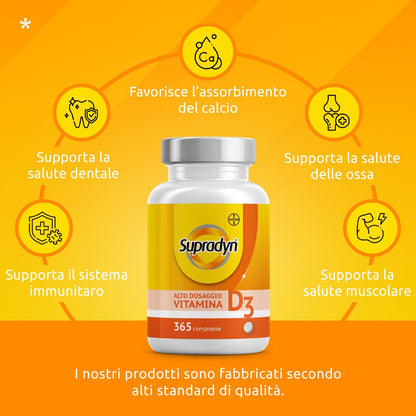 Supradyn Compresse di Vitamina D 2000 UI Alto Dosaggio (50 μg) - Integratore Vitamina D3 per il Supporto del Sistema Immunitario e la Salute delle Ossa - 365 compresse fornitura annuale