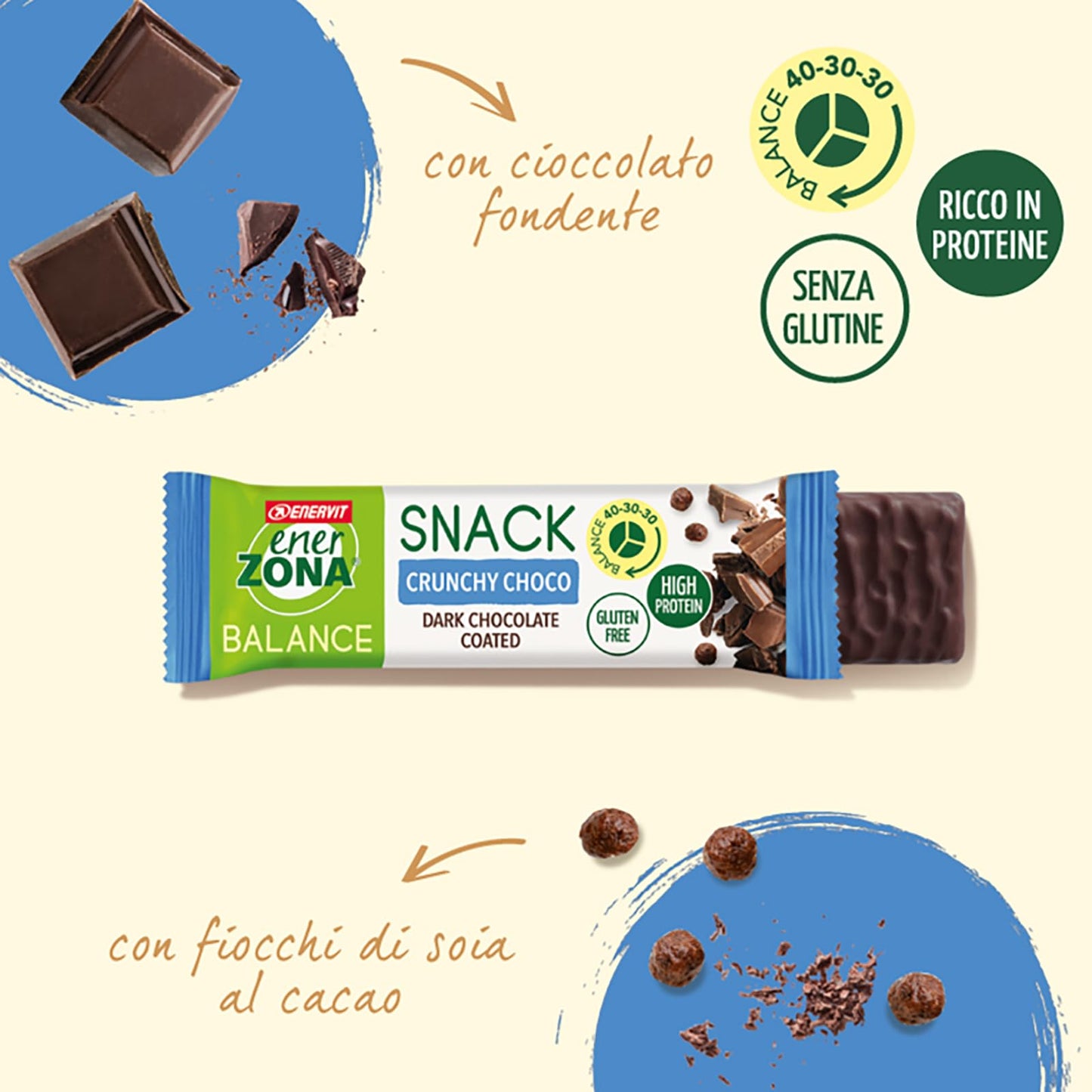 Enervit, Enerzona Protein Snack 40-30-30 Gusto Noir Cioccolato Fondente, 30 Barrette Proteiche da 33gr Dieta a Zona con Proteine del Latte e Fibre, Senza Olio di Palma