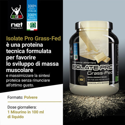 NET Integratori ISOLATE PRO Grass Fed - 700g Cioccolato - Proteine Isolate Con EAA Aminoacidi Essenziali e BCAA - Massimizza La Sintesi Proteica e La Crescita Muscolare